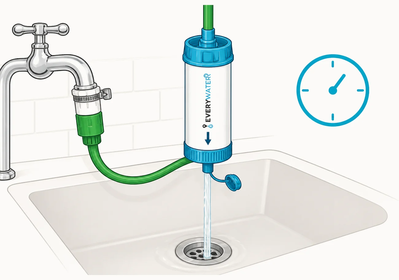 Illustration: the filter connected to a tap with the first water running to the drain, beside a clock.