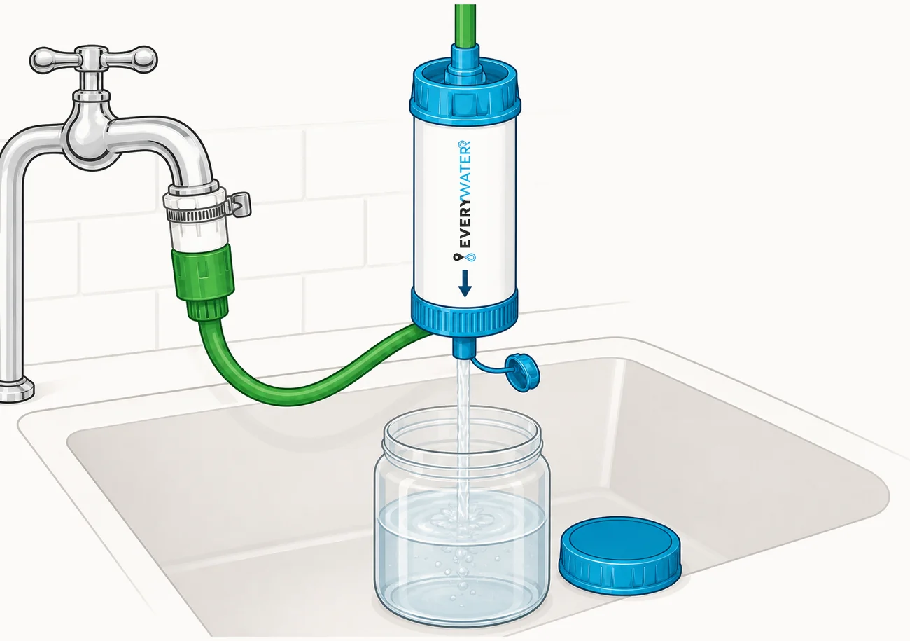 Illustration: filtered water falling into an open jar, with a gap between the outlet and the jar rim.